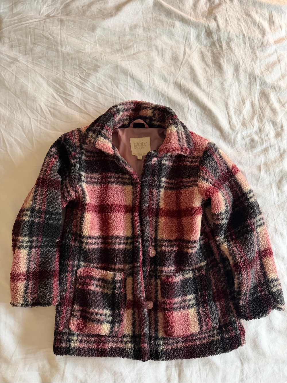 Creamy Brand in Pink Plaid Sherpa Coat - Cozy Button-Front Jacket size 7T